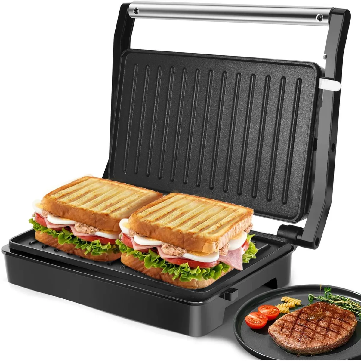 Black rectangular panini press with non-stick grill plates, floating hinge, cool-touch handle and locking clasp