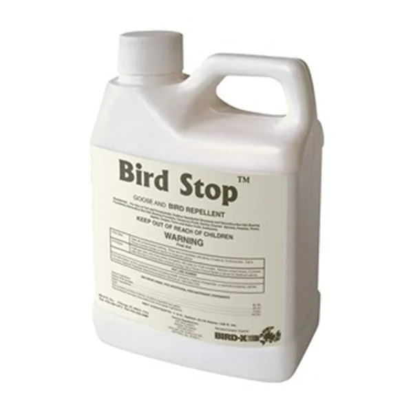 Clear liquid bird repellent in a white one-gallon jug with handle and cap