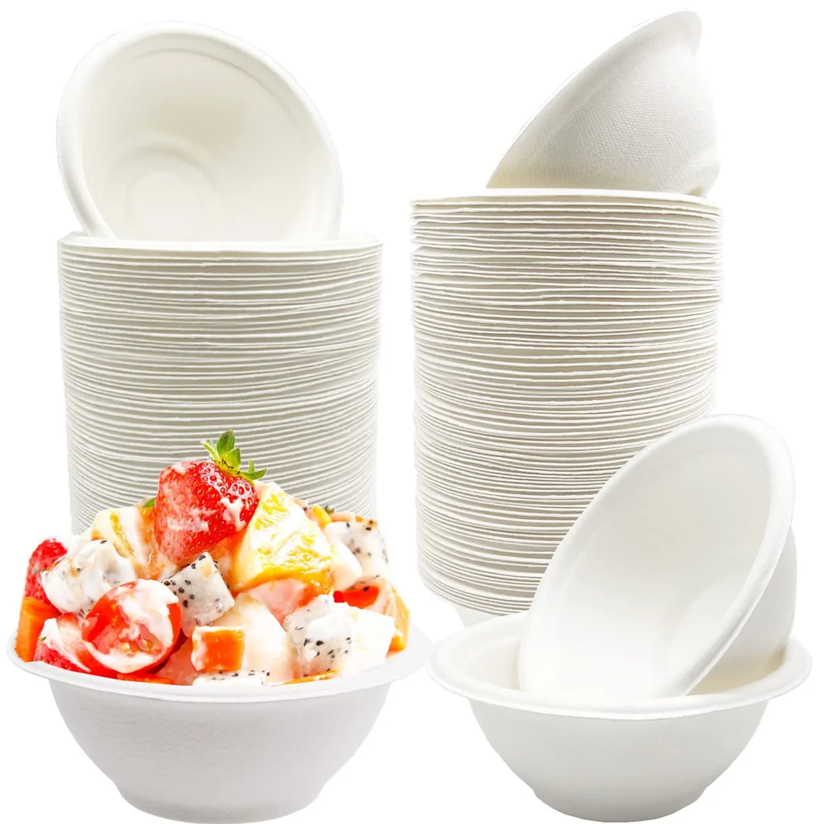 Stack of 100 white round sugarcane-fiber bowls, 8oz capacity