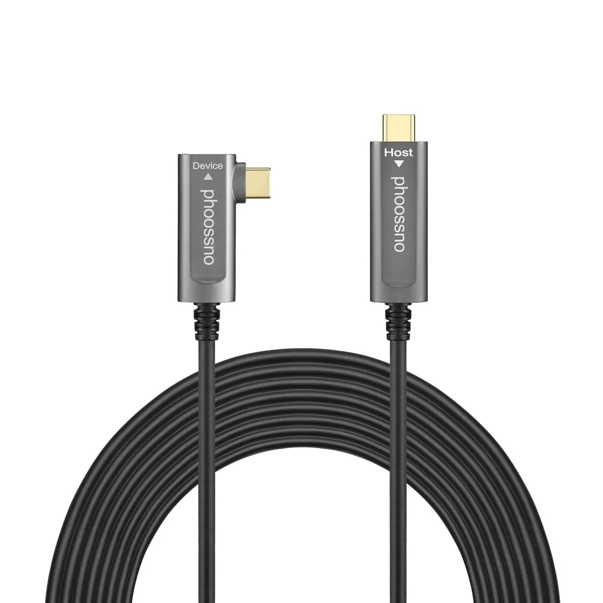 USB-C fiber optical cable with angled connectors, slim 4.8 mm jacket, gold-plated plugs