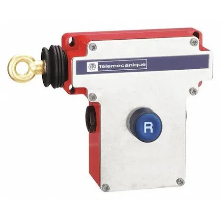 Yellow metal rectangular safety switch with red pull handle and cable entry on left side