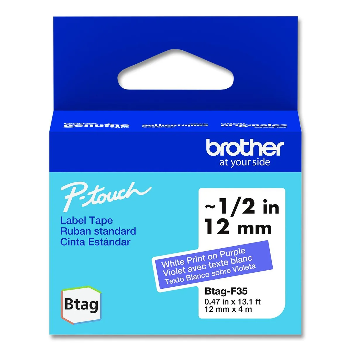 Brother Brother BTAGF35 Label Tape 12 mm x 4 m White on Purple — product photo