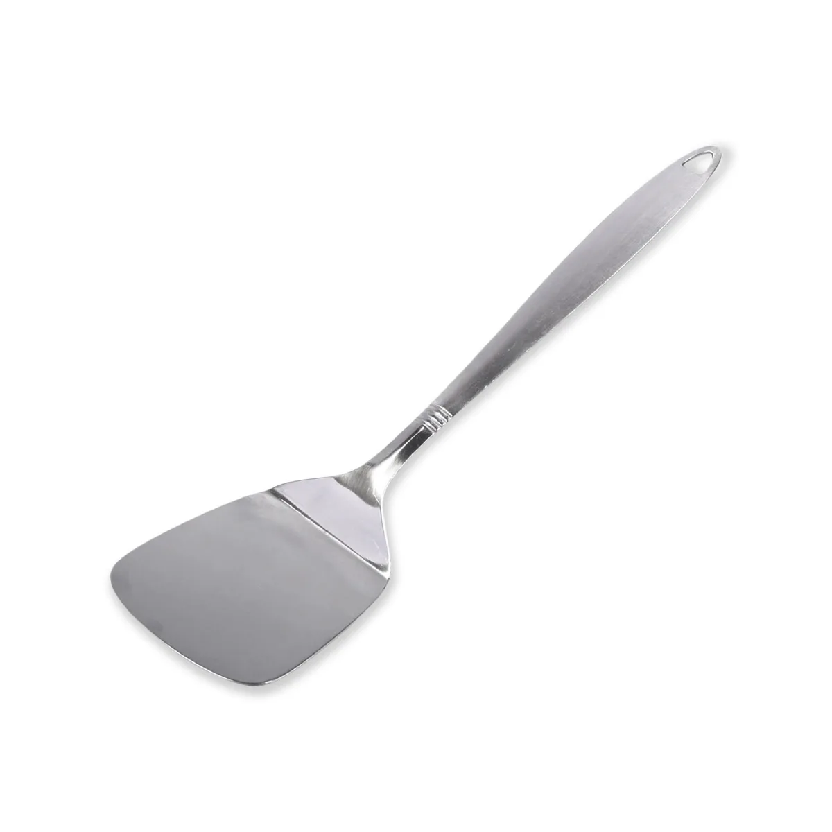 Stainless steel turner with brushed handle and mirror-finish head, 12.5 inch length, hanging hole