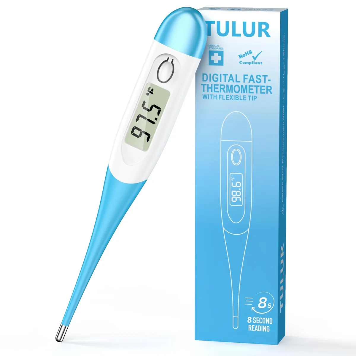 Light blue digital thermometer with flexible tip and large LCD display