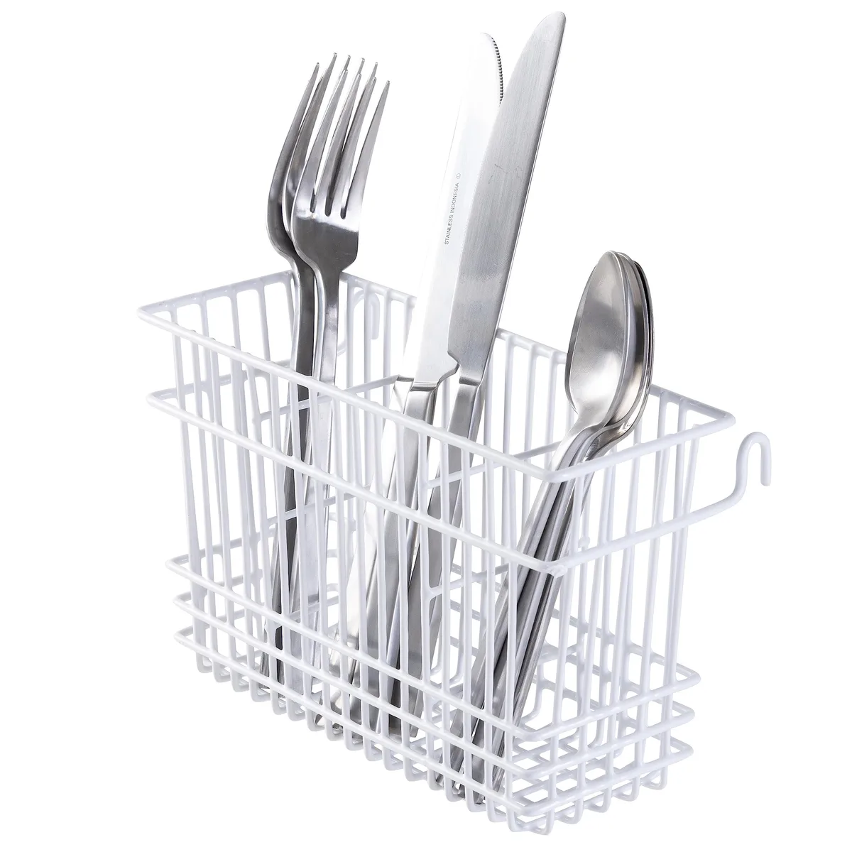 White vinyl-coated wire cutlery basket with three compartments and hanging hooks
