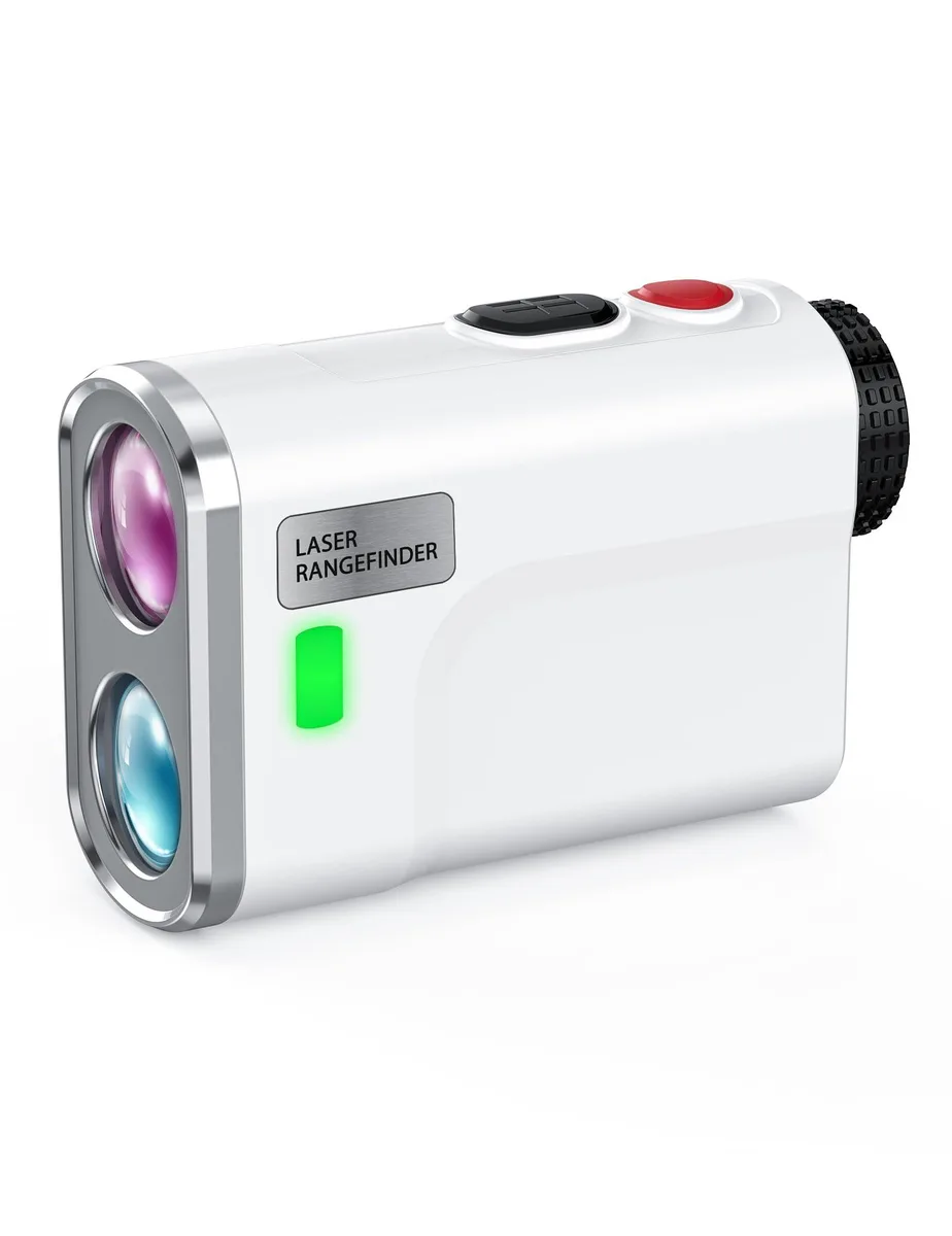 White compact laser rangefinder, rubber-armoured body, 6x optics, LCD eyepiece, USB-C port, IP54 rated