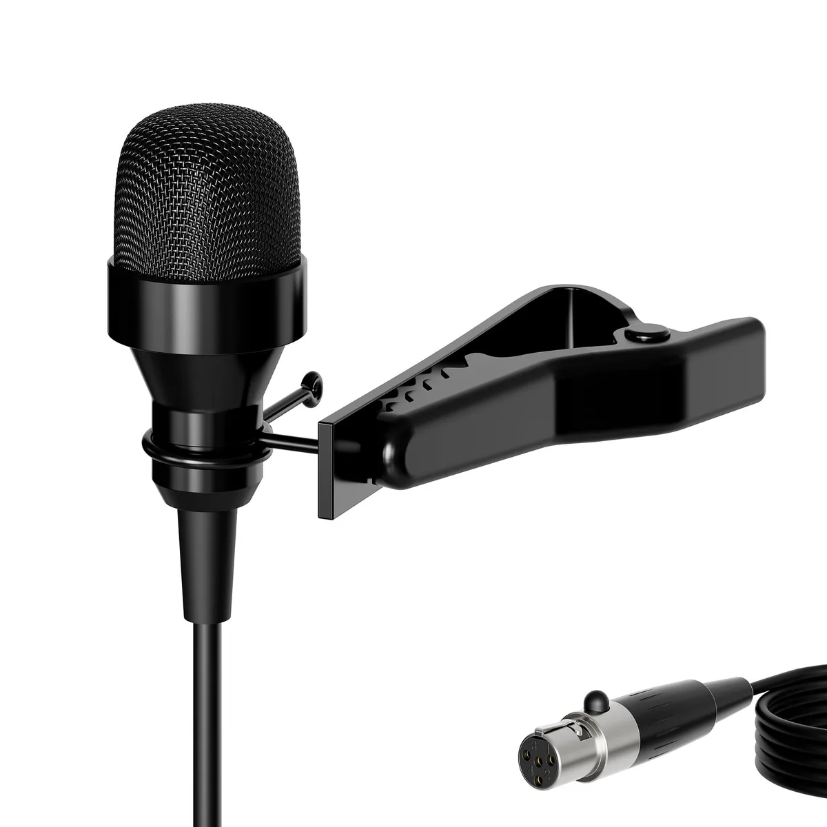 Black lavalier microphone with TA4F mini XLR connector and clip