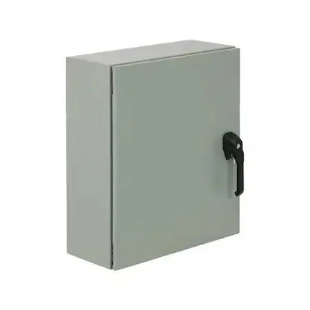 Gray painted carbon steel enclosure with three-point latch handle and keyed lock, 24 by 16 by 8 inches