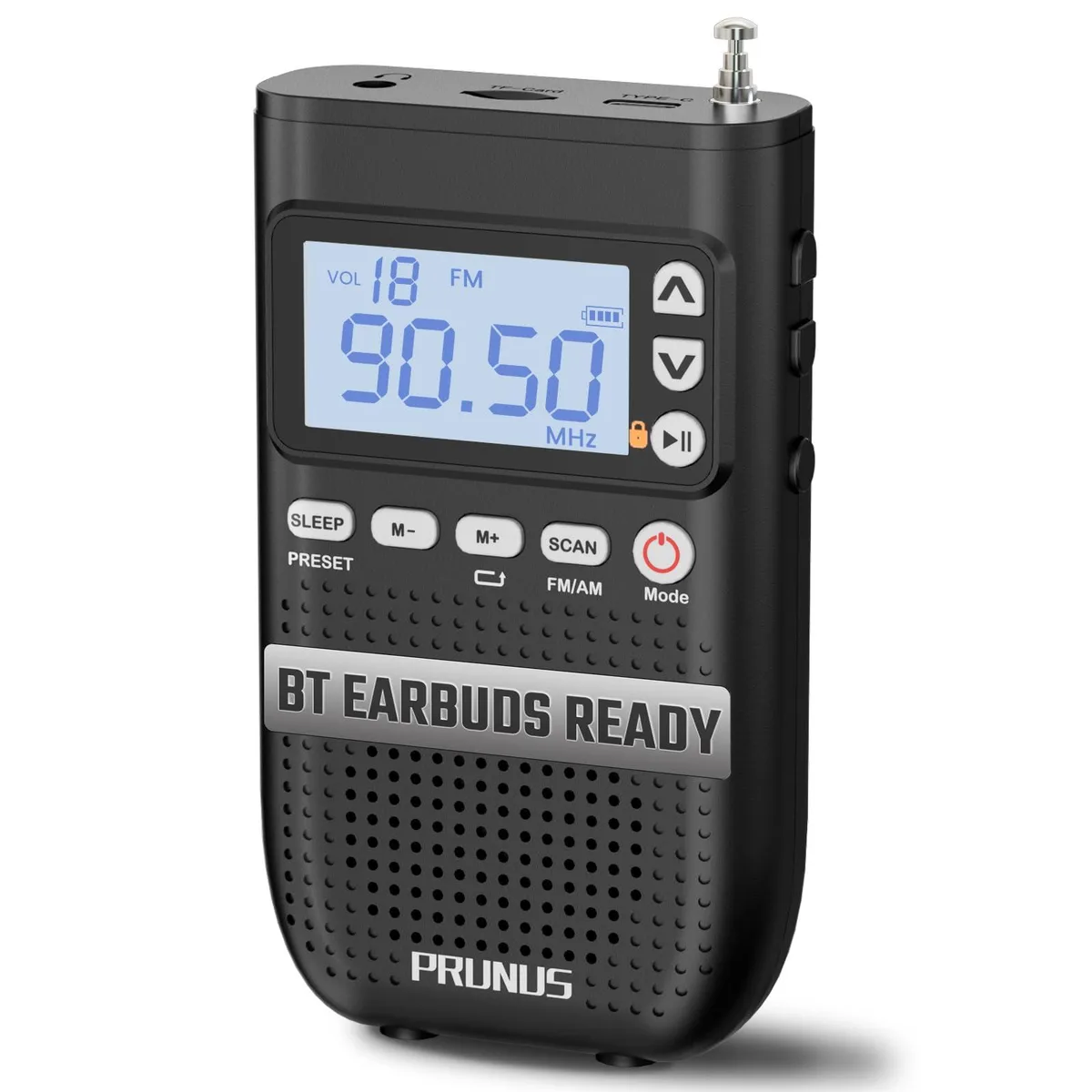 Small rectangular radio, matte finish, telescopic antenna, front speaker grille, side controls