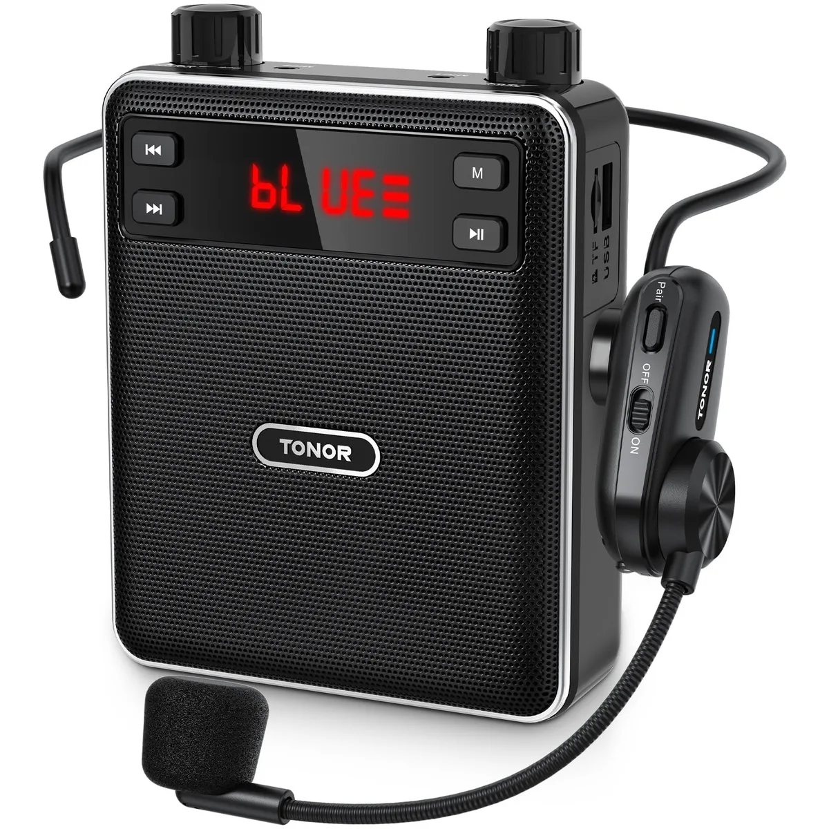 Black rectangular speaker with headset mic, LED display, clip and adjustable strap