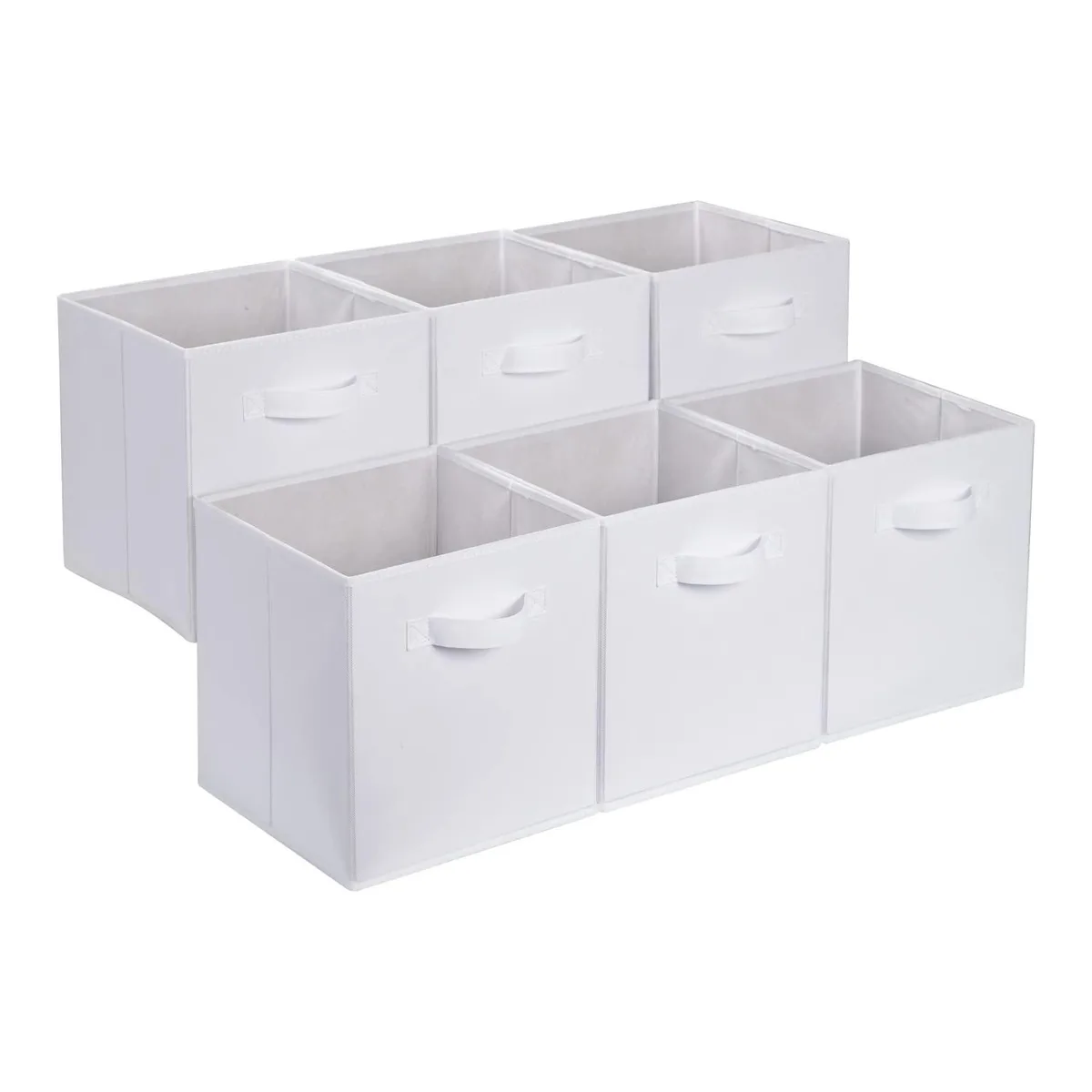 Six white collapsible fabric storage cubes with handles