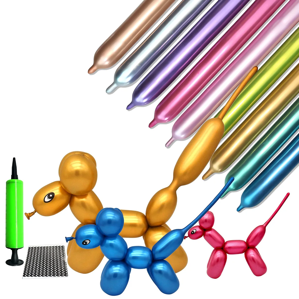 Kit with 100 metallic twisting balloons and pump, multicolor, new condition
