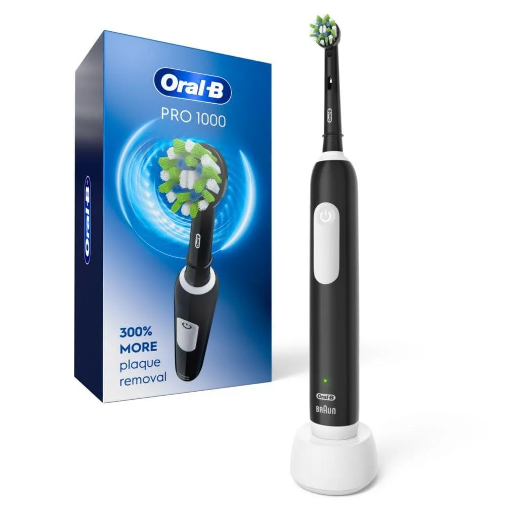 White rechargeable electric toothbrush with round brush head and charging stand