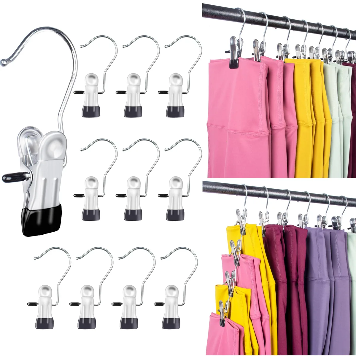Ten metal pants hangers with rubber-coated clips in a pack
