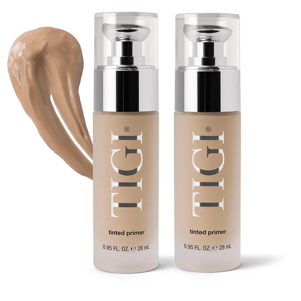 Two tubes of tinted primer, medium shade, matte packaging