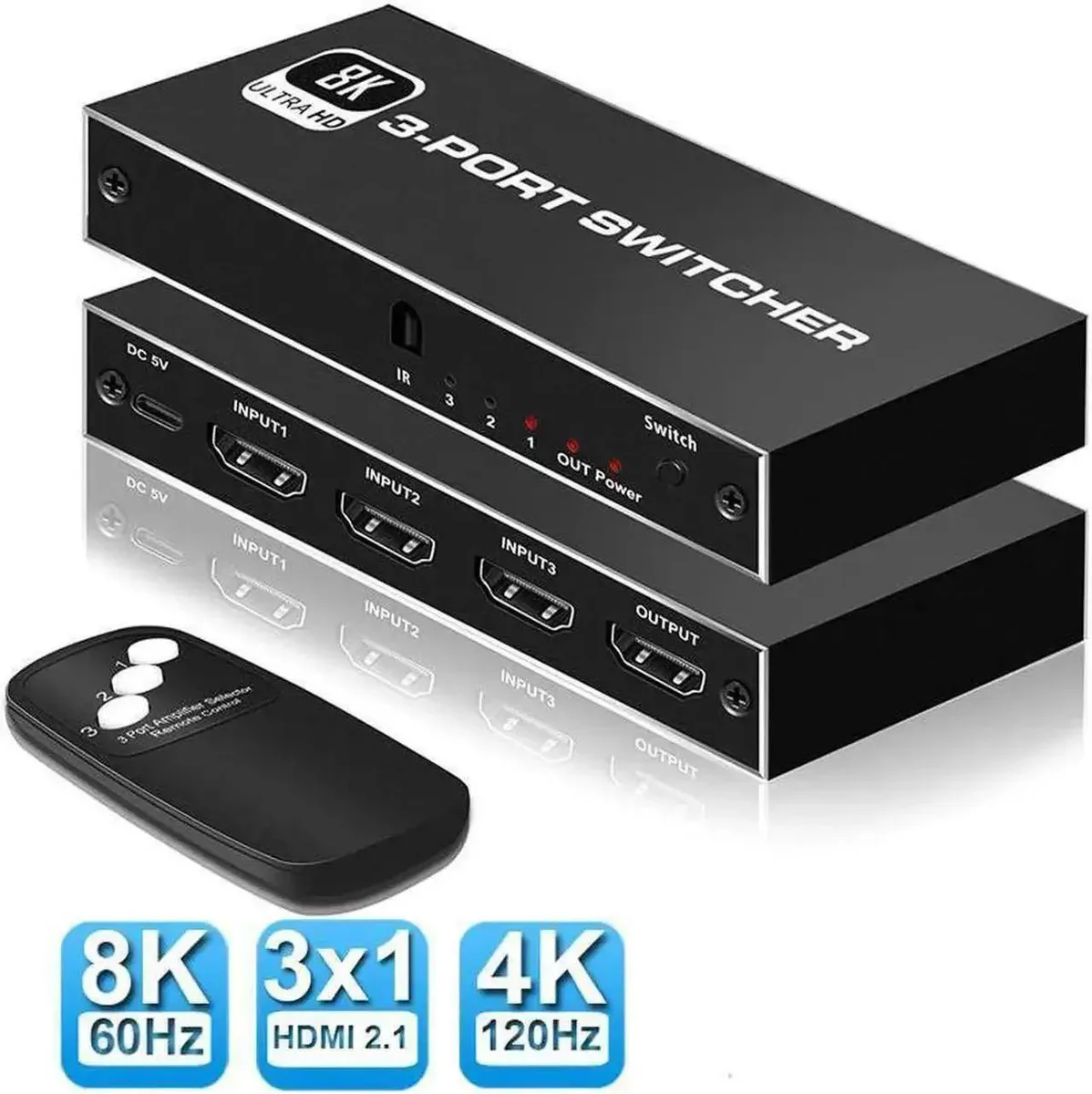 SMUGDESK SMUGDESK 3-Port HDMI 2.1 Switch 8K@60Hz 4K@120Hz IR Remote — product photo