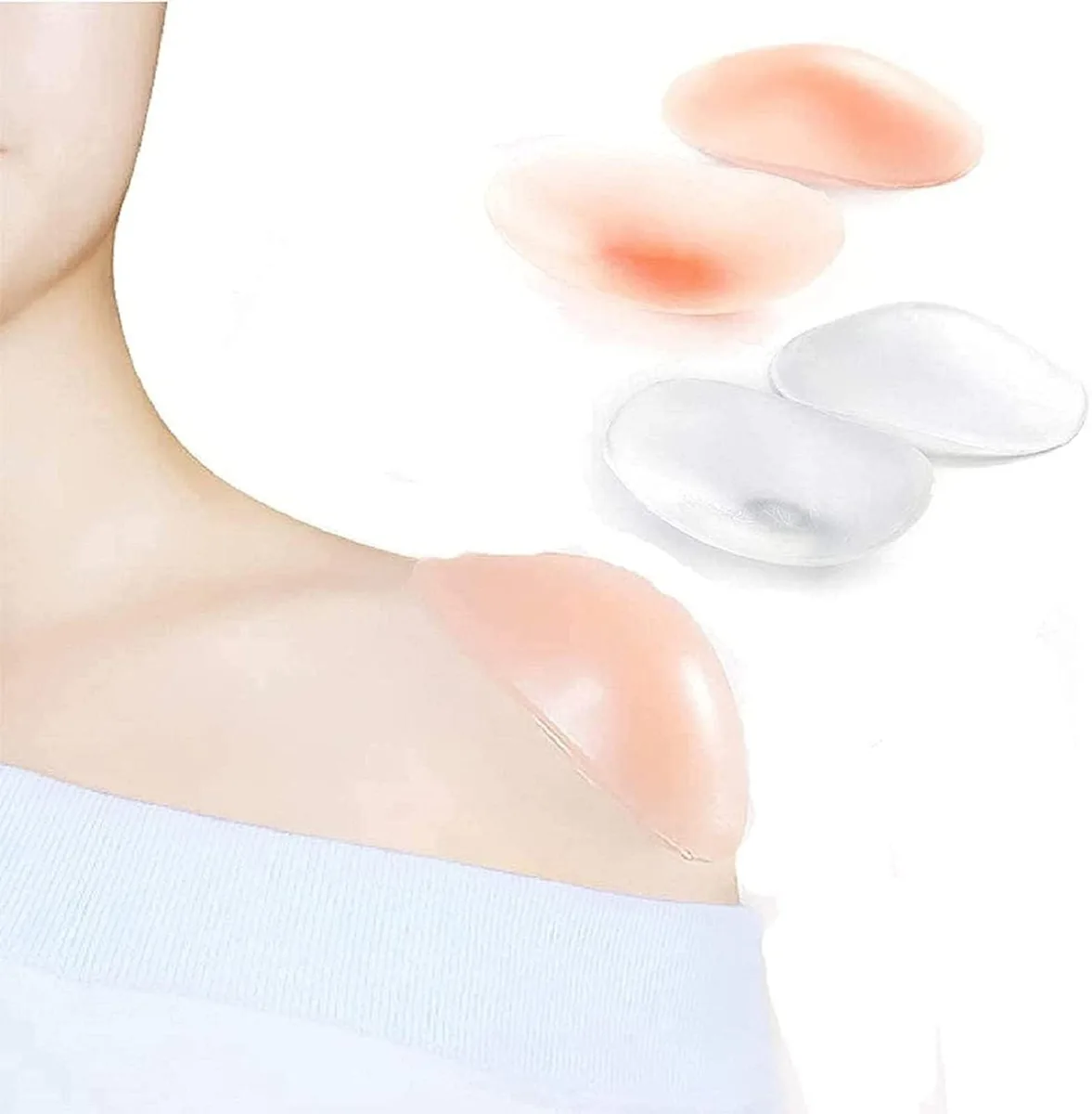 Two pairs of transparent skin-tone silicone shoulder pads, 13 by 2.8 cm, self-adhesive and reusable