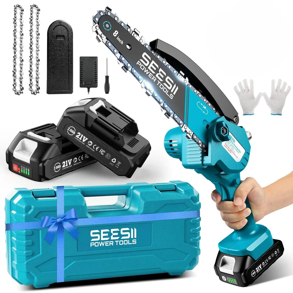  SEESII Mini Chainsaw CH820+ 8 inch 21V 2.0Ah 2000mAh — product photo