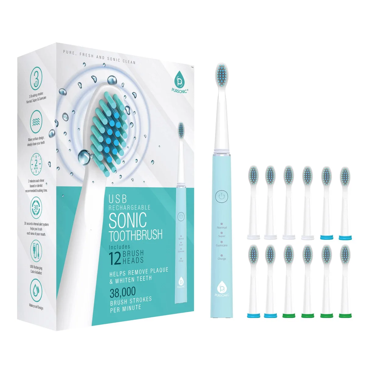 Green sonic toothbrush handle with twelve brush heads in a box