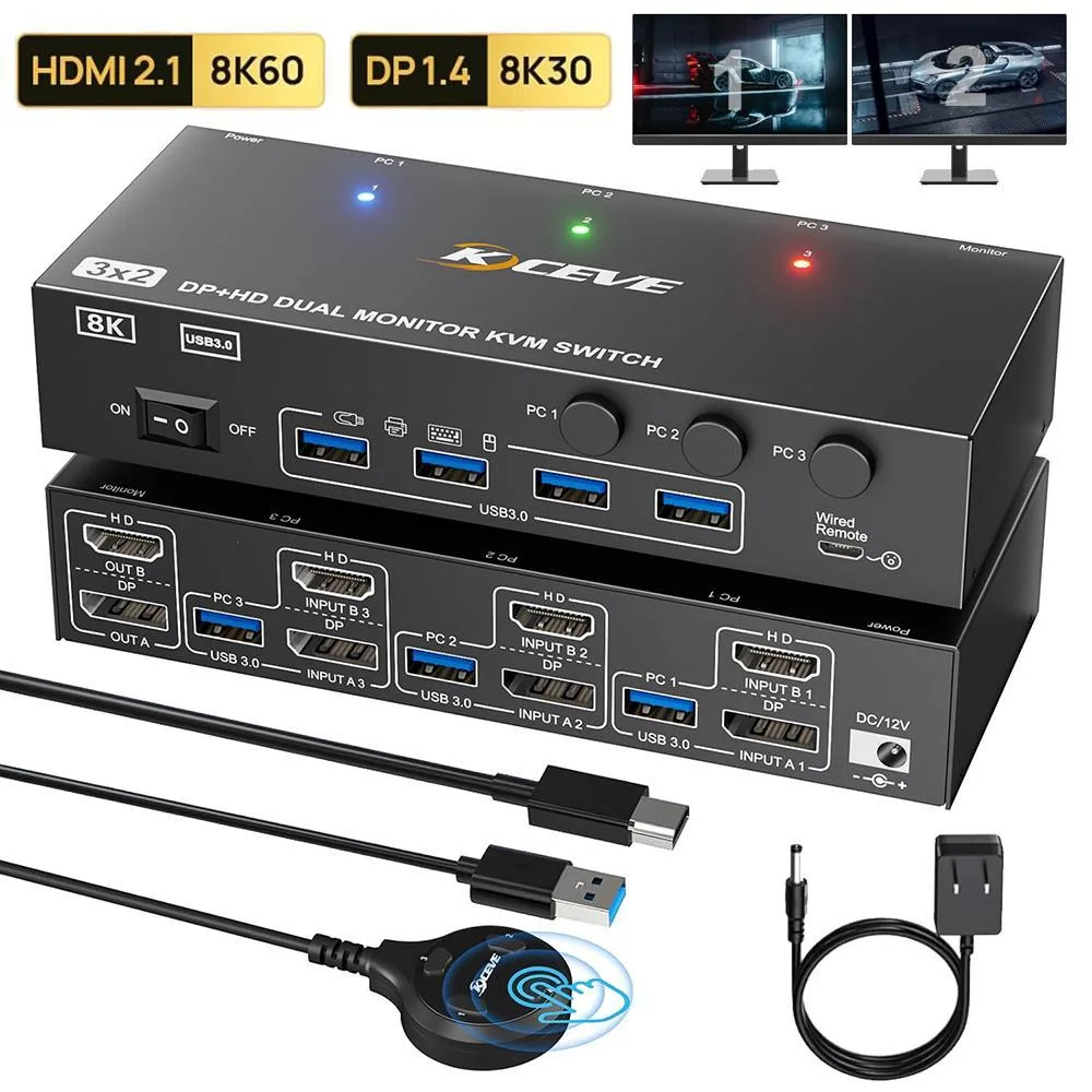WRIARICH WRIARICH 302DH Dual Monitor KVM Switch 3 Computers 4K@144Hz 8K@60Hz USB 3.0 Wired Remote — product photo