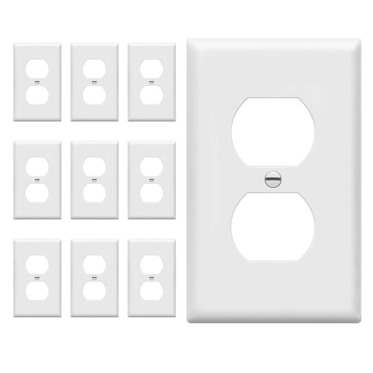 Ten white rectangular duplex wall plates with smooth glossy finish and matching screws