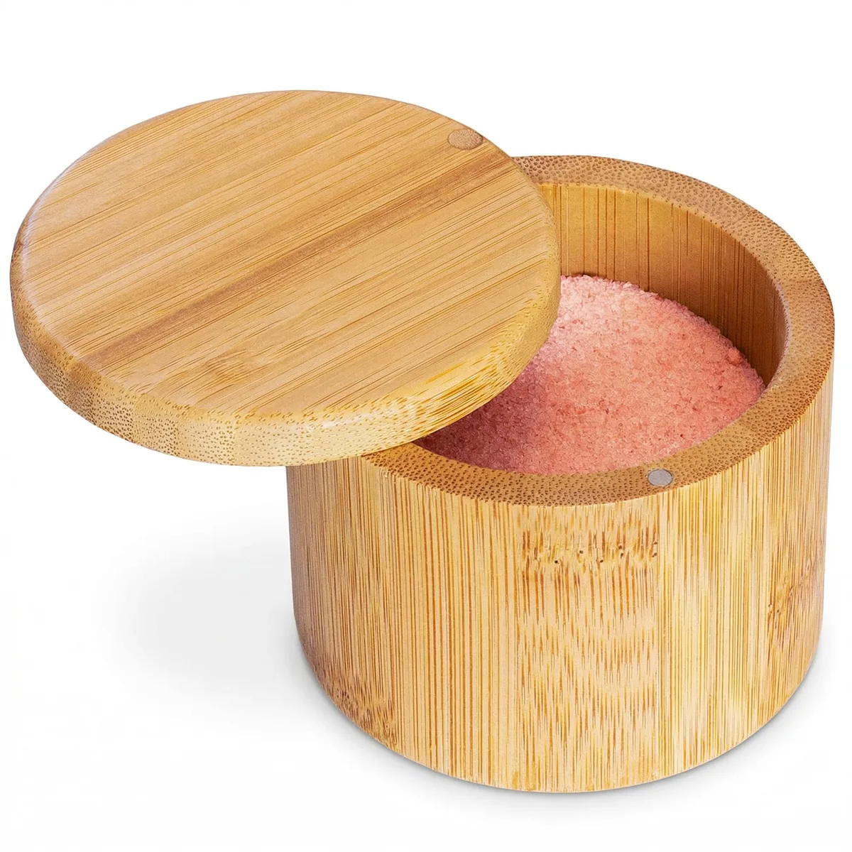 Small round bamboo salt cellar with swivel lid, 3.5 by 2.75 inches