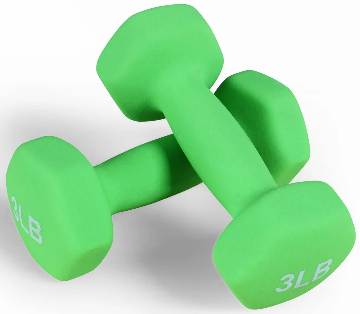Two 3 lb hex dumbbells with color-coded neoprene coating and contoured handles