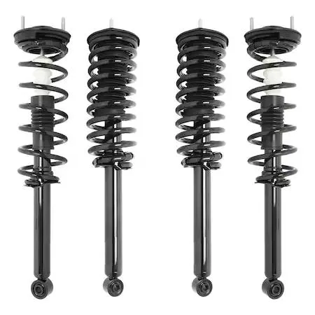 Four silver strut assemblies with coiled springs and top mounts