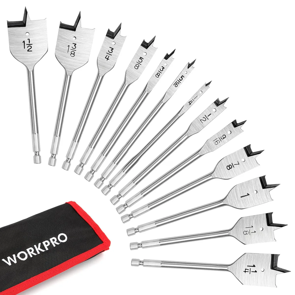 Thirteen polished steel spade bits in a nylon pouch