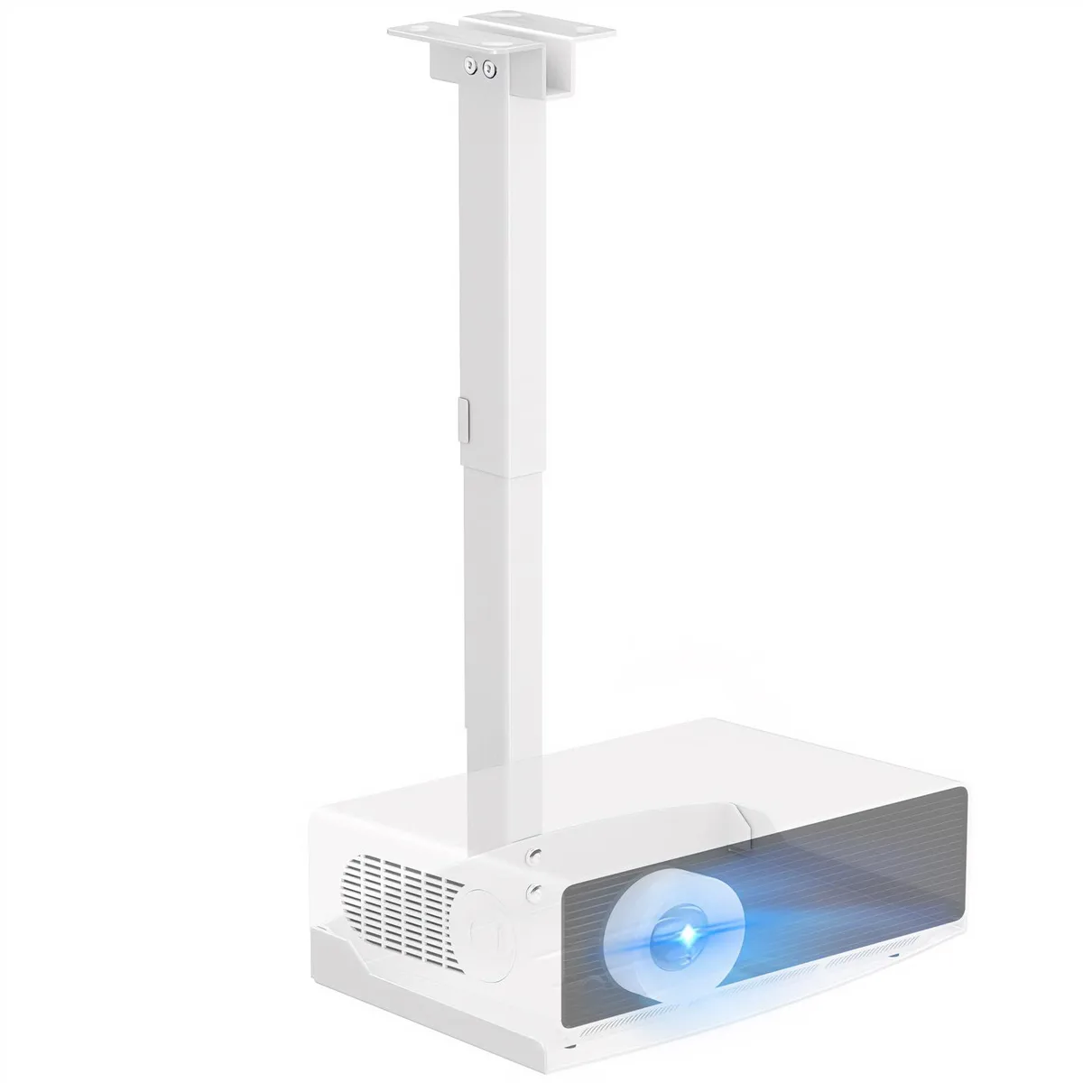 White ceiling projector mount with adjustable arm and rectangular metal tray