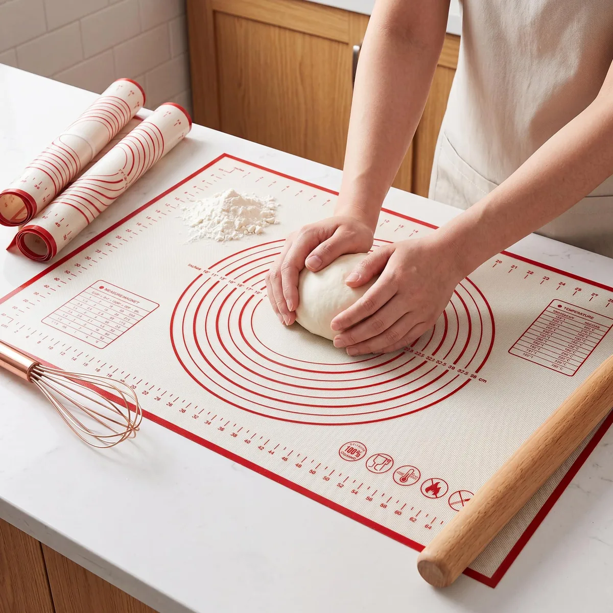 Rectangular silicone baking mat, light colour with printed grid and rulers, flexible surface