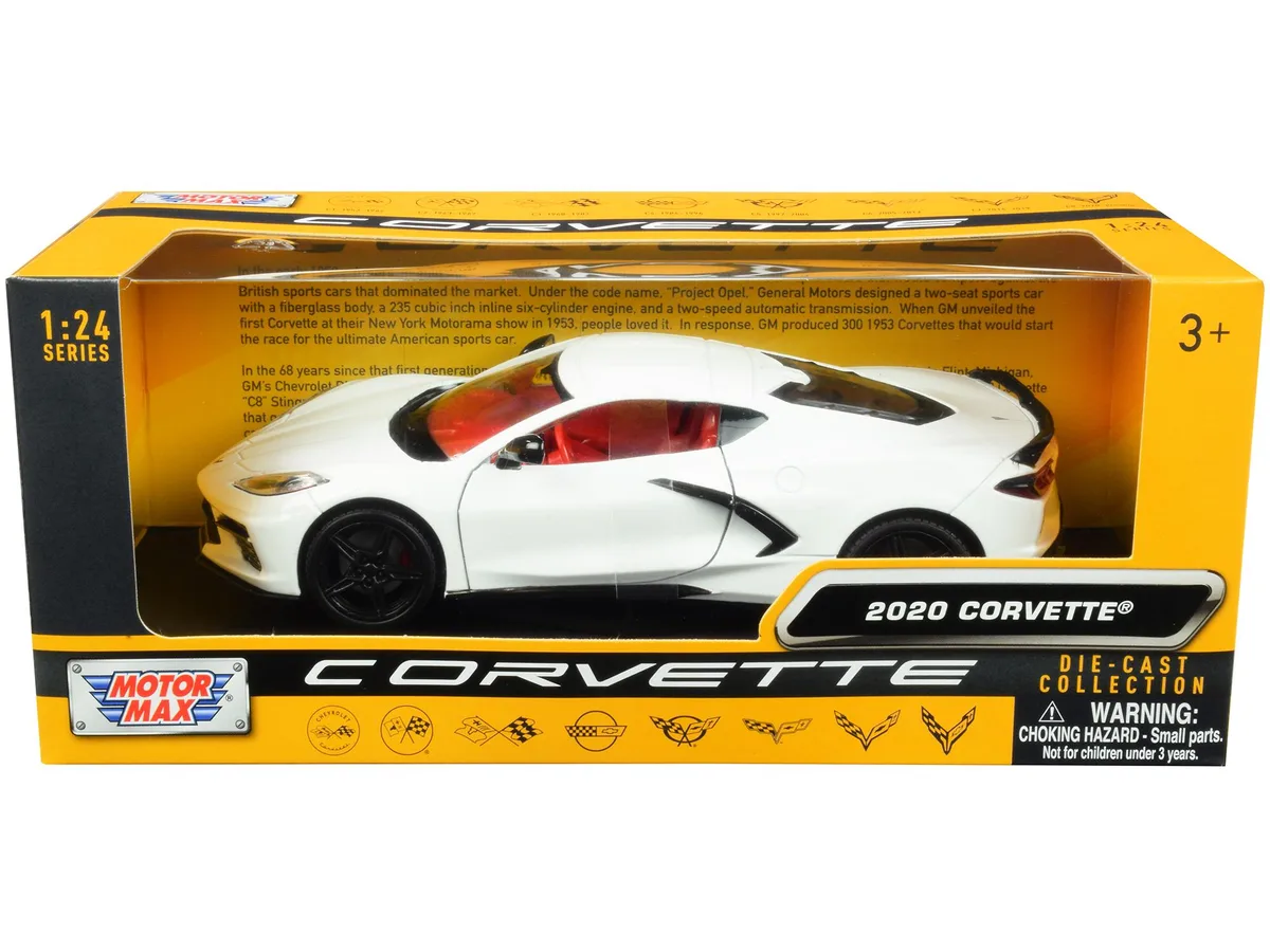 MOTORMAX MOTORMAX 2020 Chevrolet Corvette C8 Stingray White Red Interior History of Corvette 1/24 Diecast — product photo