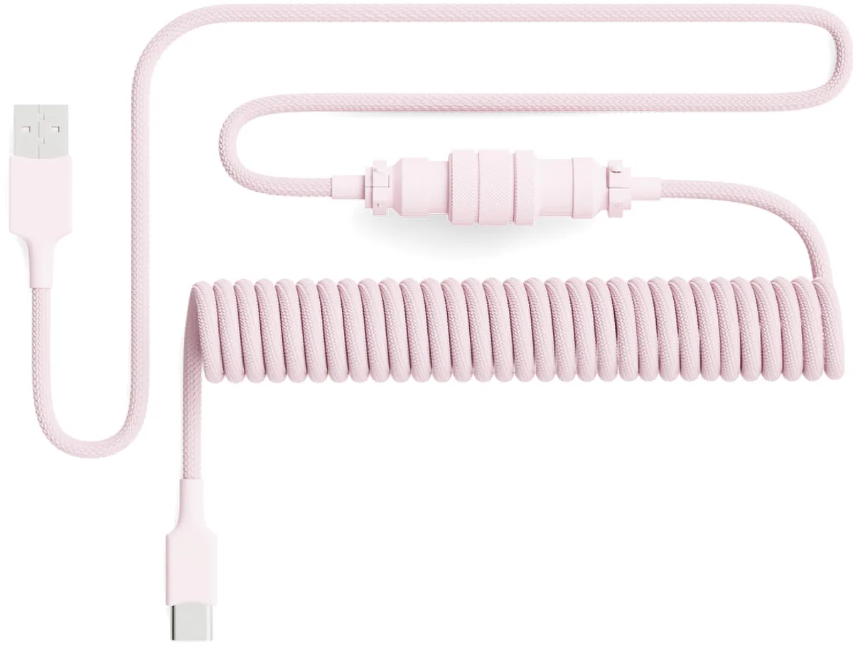 Pink coiled USB-C cable with detachable metal aviator connector, 1.8m length