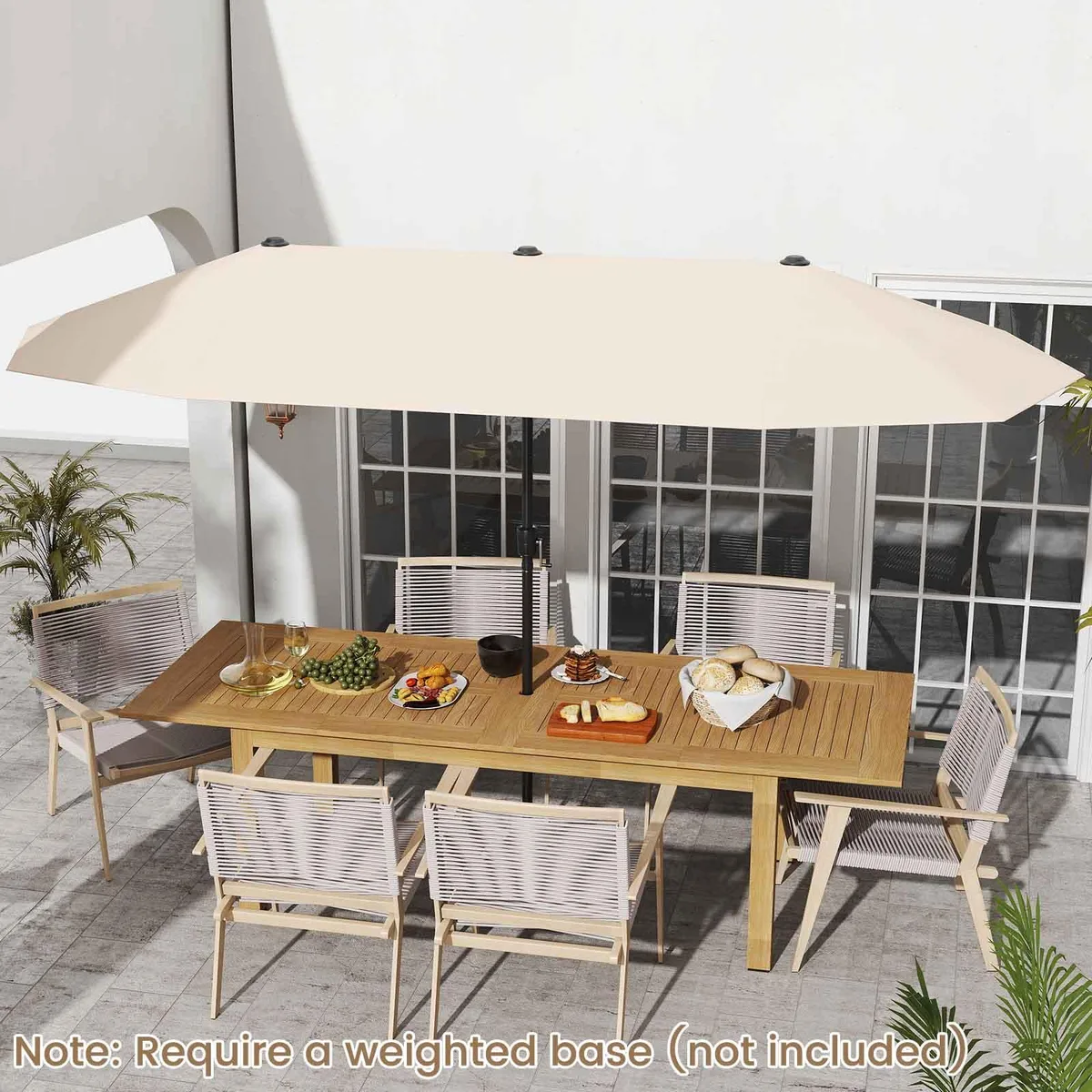 Beige double-sided patio umbrella with crank handle and 12 metal ribs