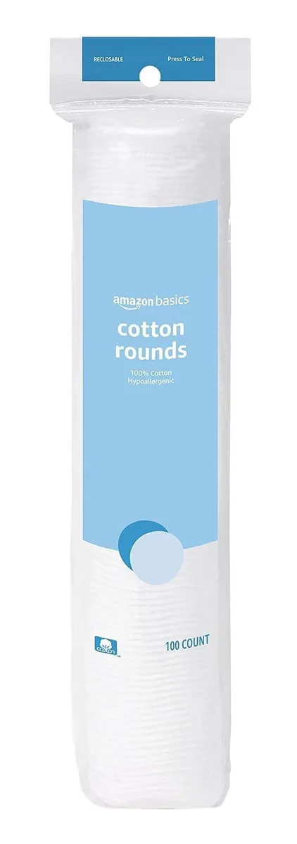 White hypoallergenic cotton rounds in rectangular packaging, 100 count