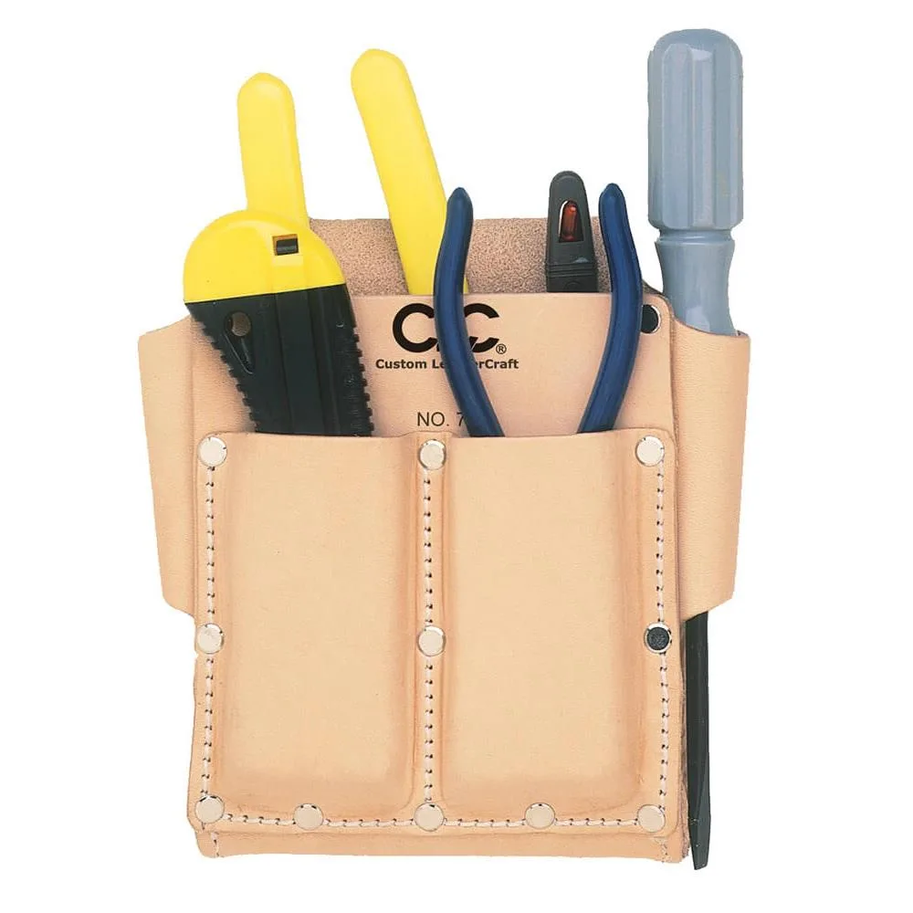 Tan leather tool pouch with five pockets, open top, belt loop attachment
