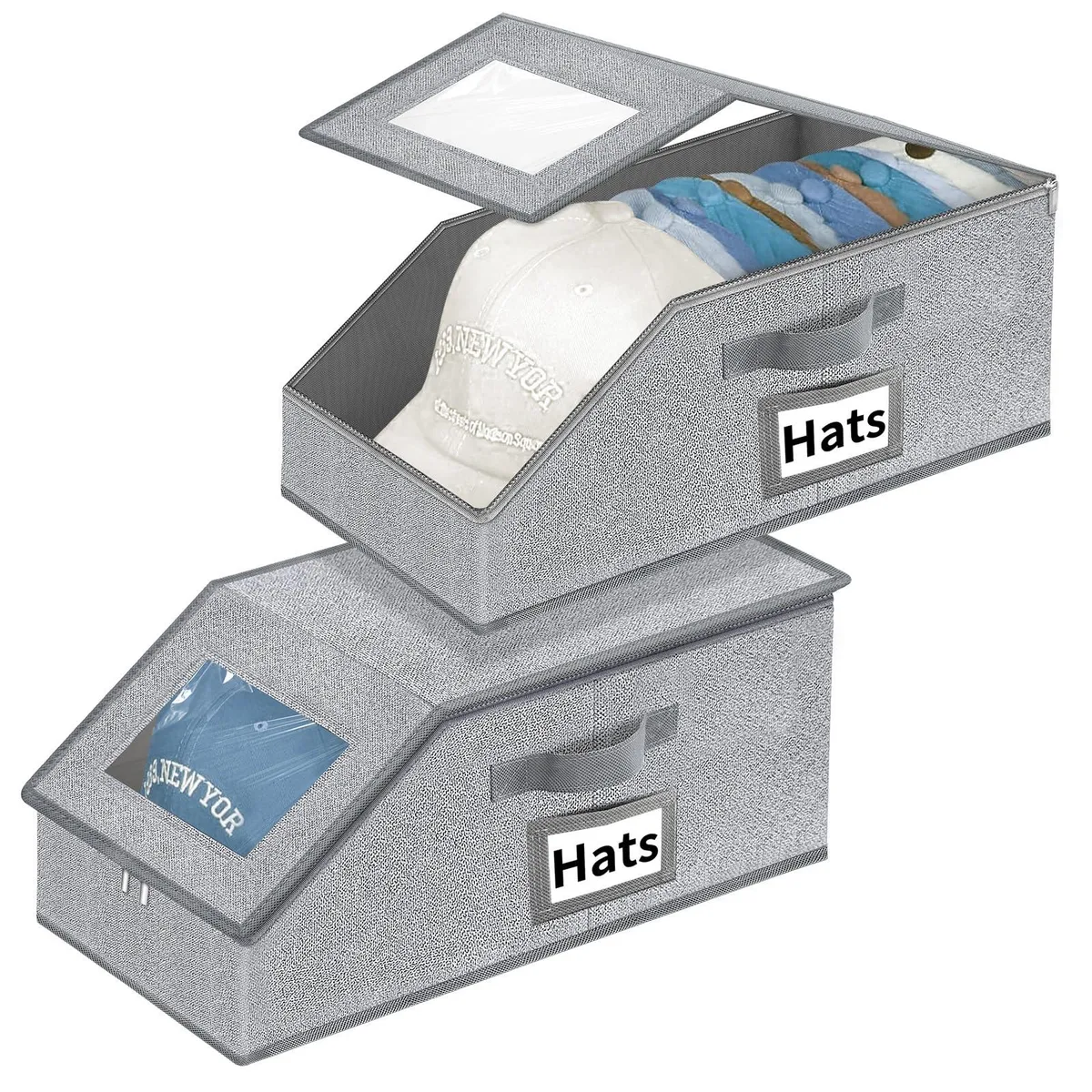 Stackable fabric hat organiser with clear PVC window, holds 24 caps
