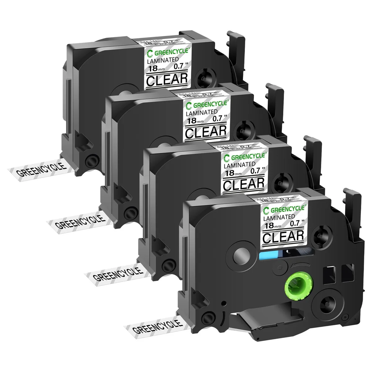 GREENCYCLE GREENCYCLE TZe-141 18mm 26.2ft Black on Clear labelmaker tape 4 pack — product photo