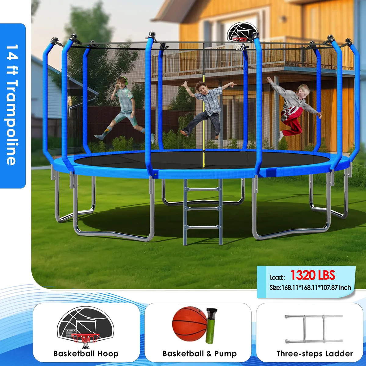 MERSCO MERSCO 14 ft Trampoline with Basketball Hoop, Air Pump, Enclosure Net & Ladder — product photo