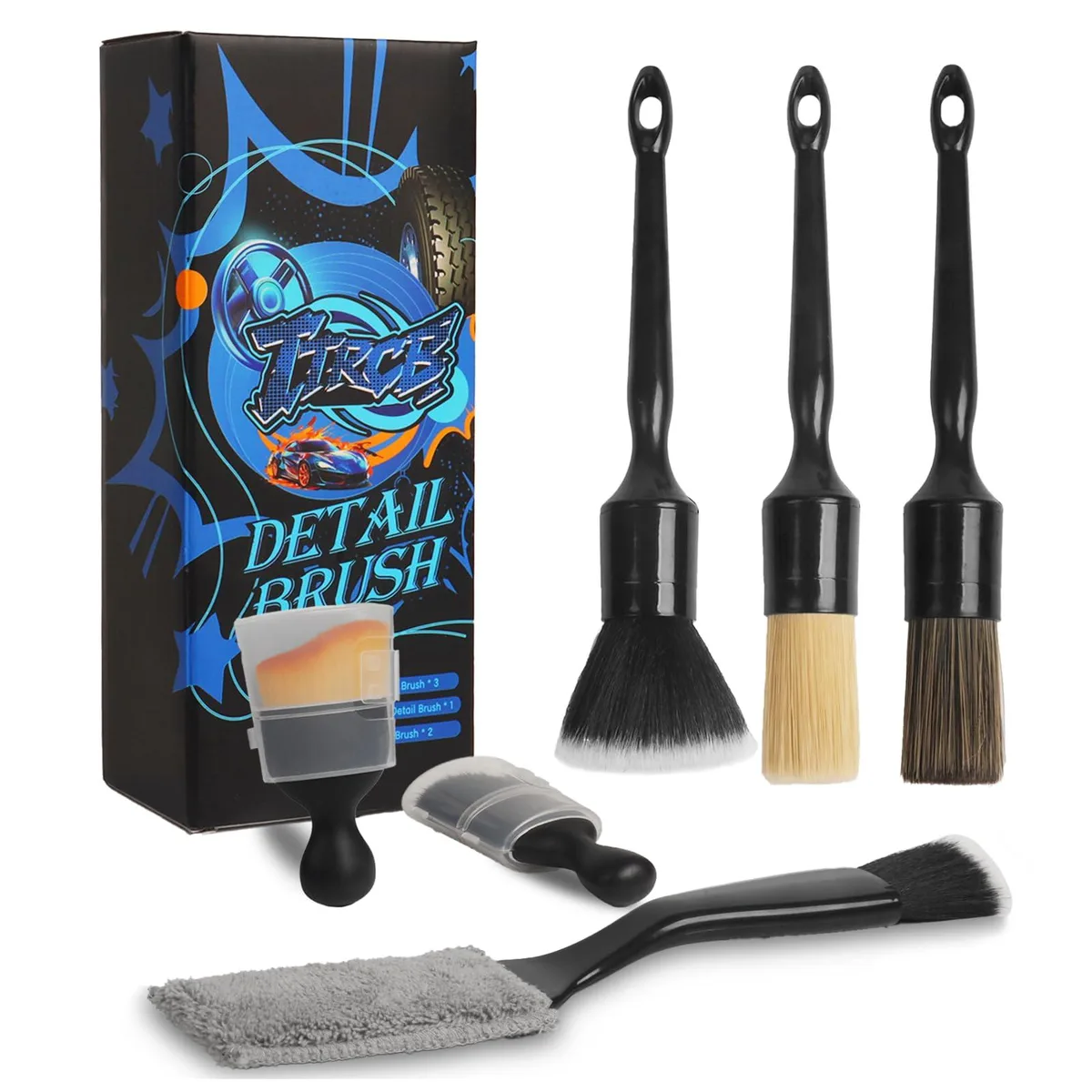 Six black car detailing brushes in a gift box