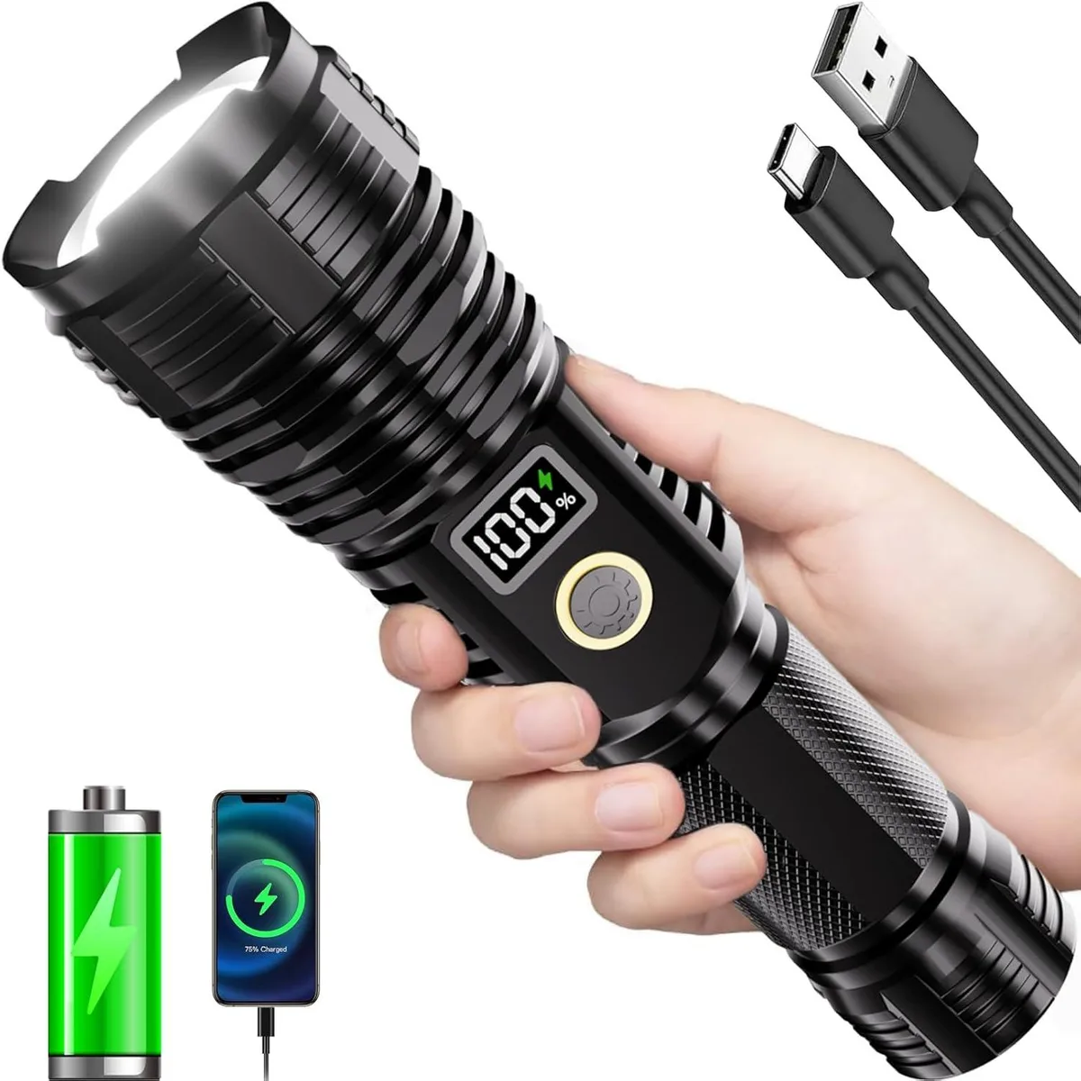 Black cylindrical flashlight with LCD screen and zoomable head