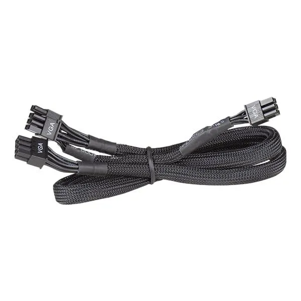 Black round cable with 8-pin (6+2) and 6-pin PCIe connectors, male-to-male, short length