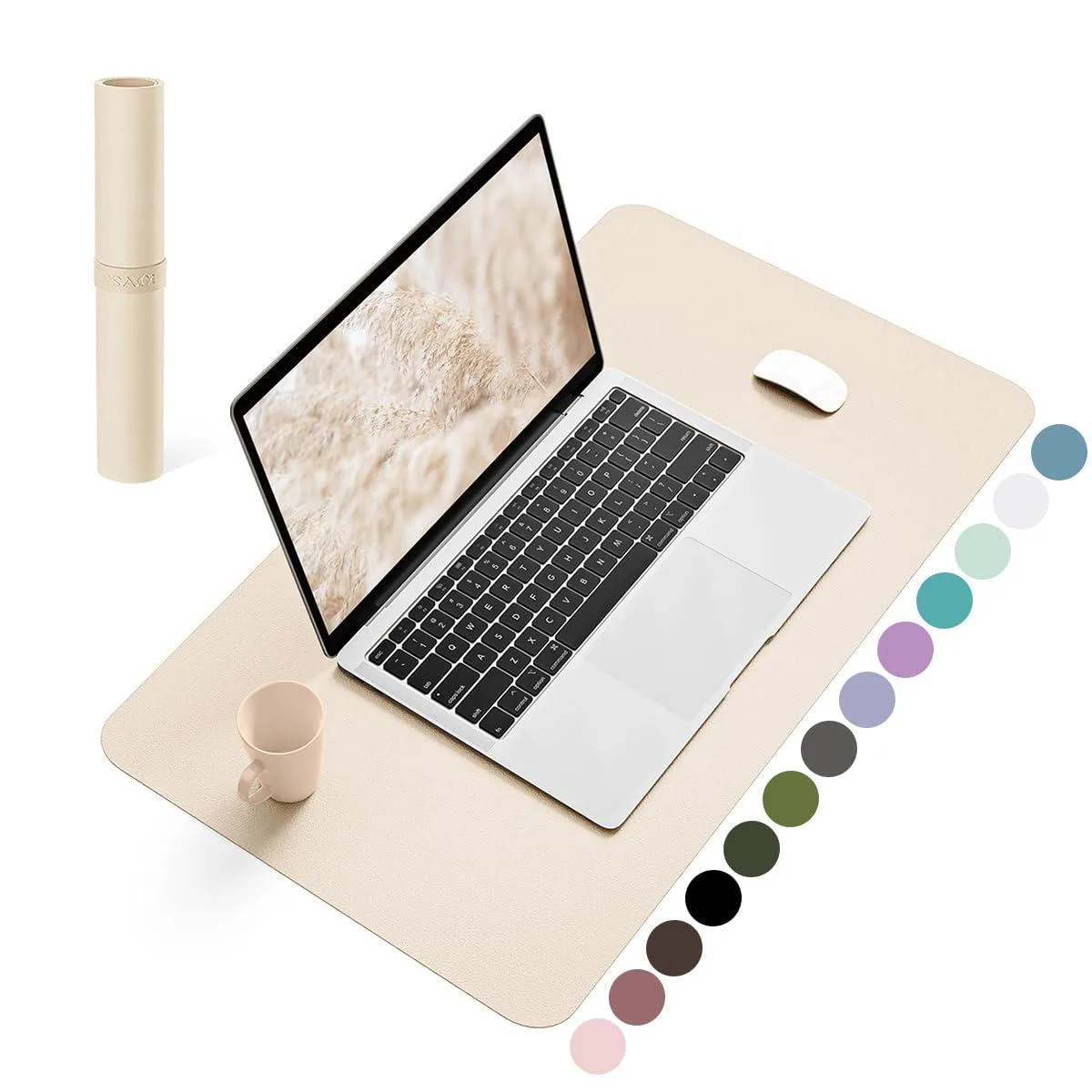 Beige rectangular leather desk pad 23.6 by 13.7 inches