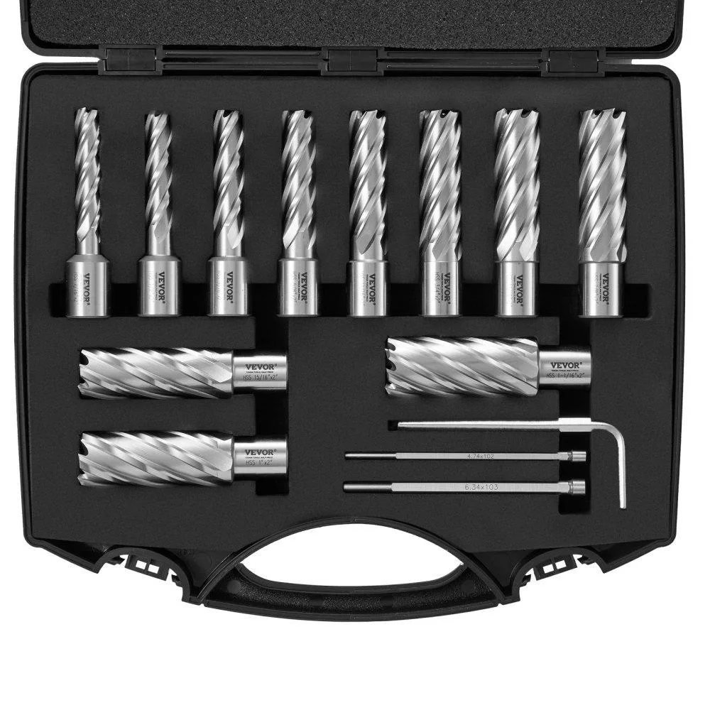 VEVOR VEVOR 13 pc Annular Cutter Set Weldon Shank M2AL HSS 7/16 to 1-1/16 in 2 in Depth 11 Bits 2 Pilot Pins Case — product photo