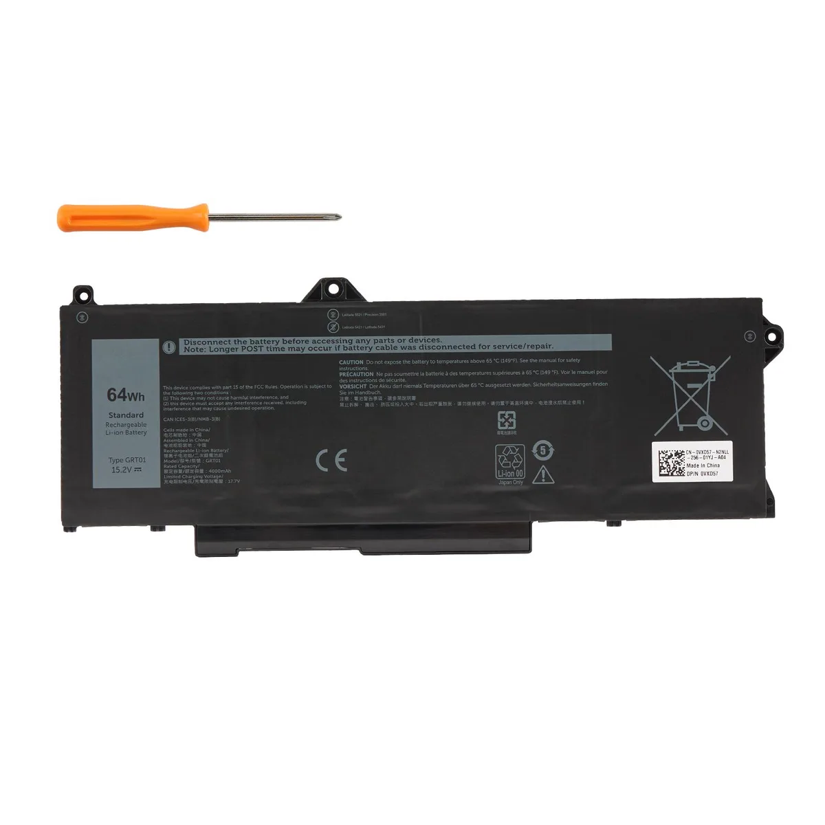 Black rectangular laptop battery with connector pins and label showing GRT01 15.2V 64Wh