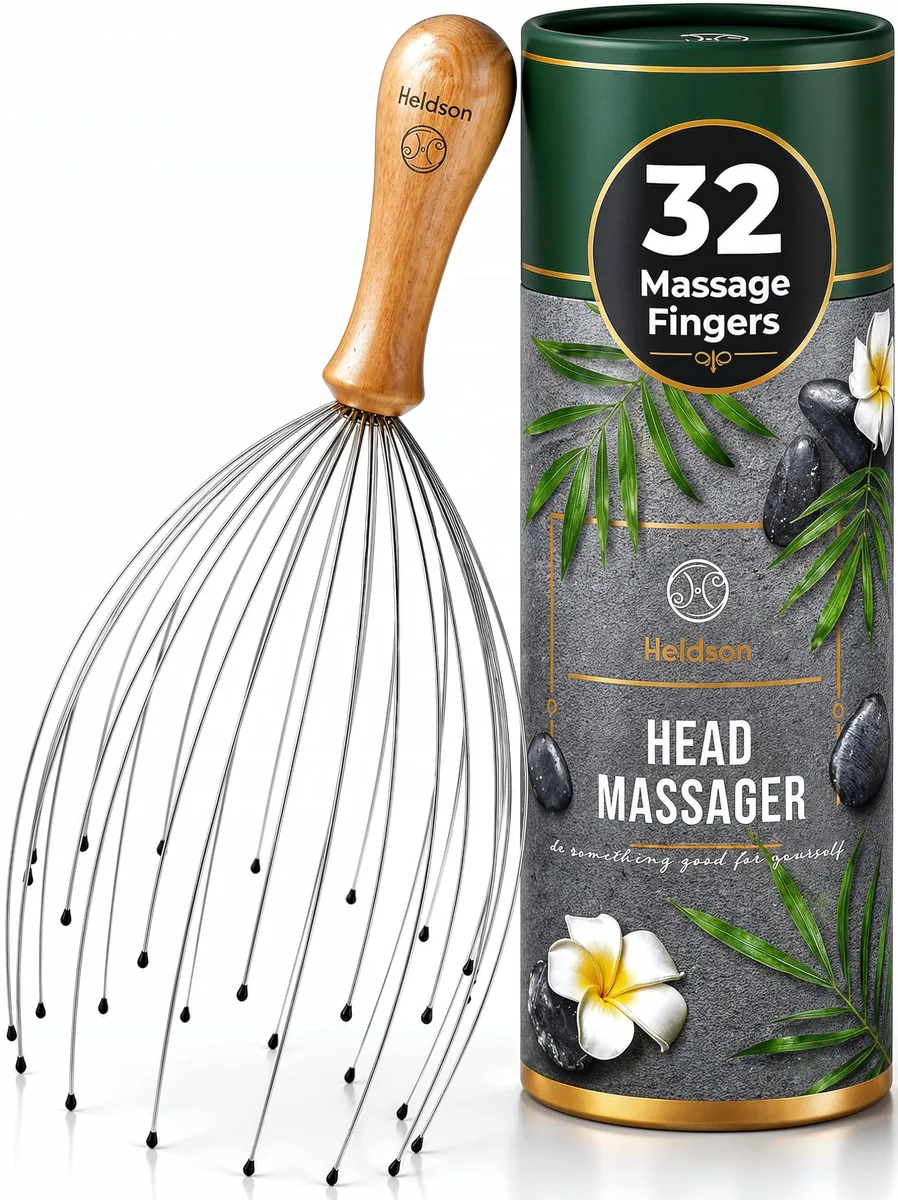 Handheld scalp massager with 32 flexible stainless steel fingers and a polished wooden handle