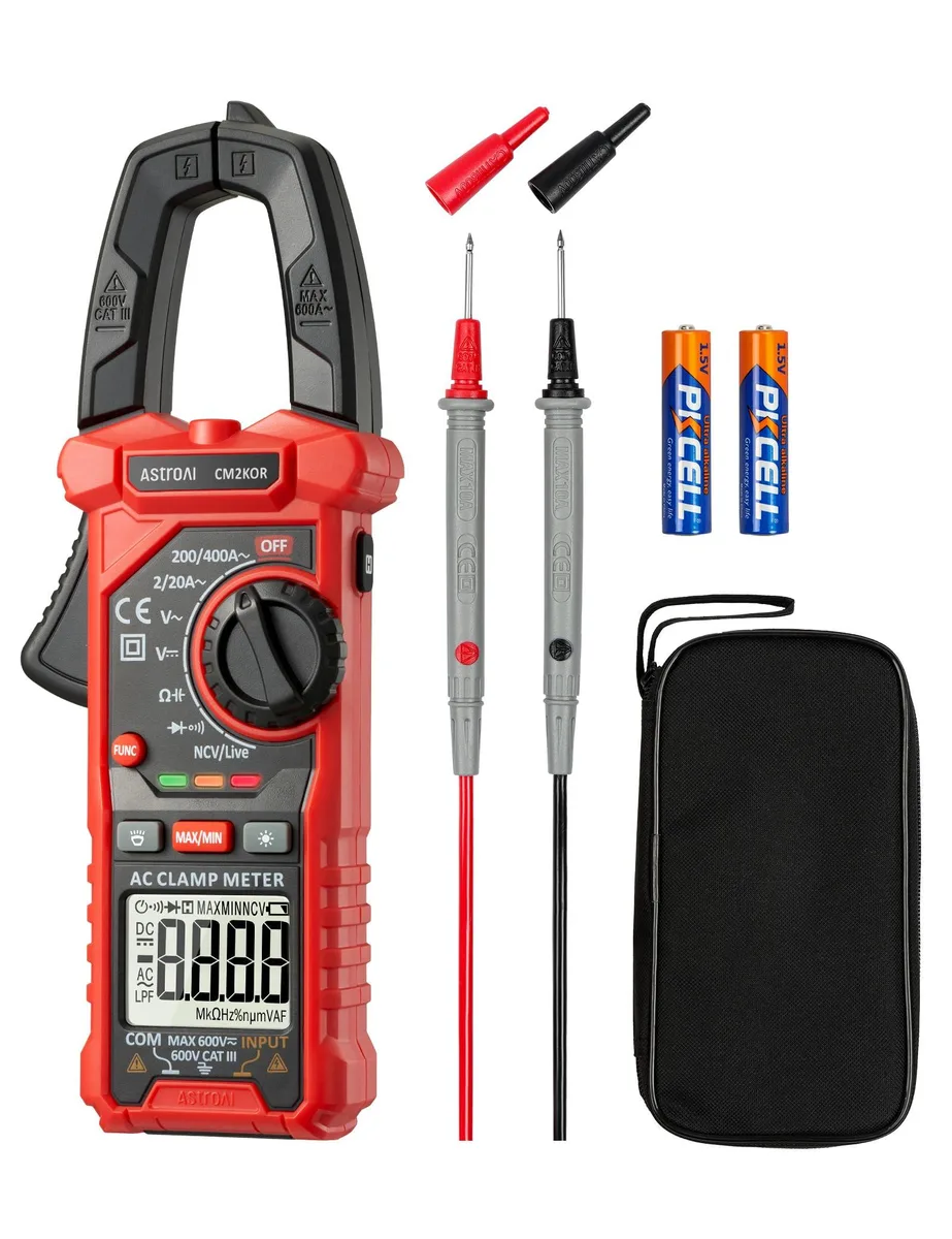 Black digital clamp meter with LCD display and jaw clamp
