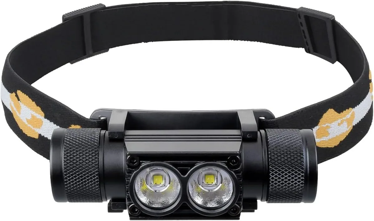 Compact aluminium headlamp with hidden USB-C port, adjustable headband, matte grey finish