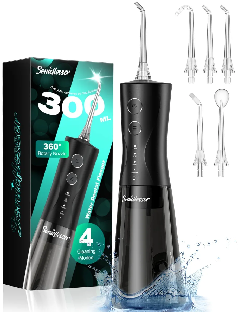 Black cordless water flosser with 300 ml tank and five nozzle tips
