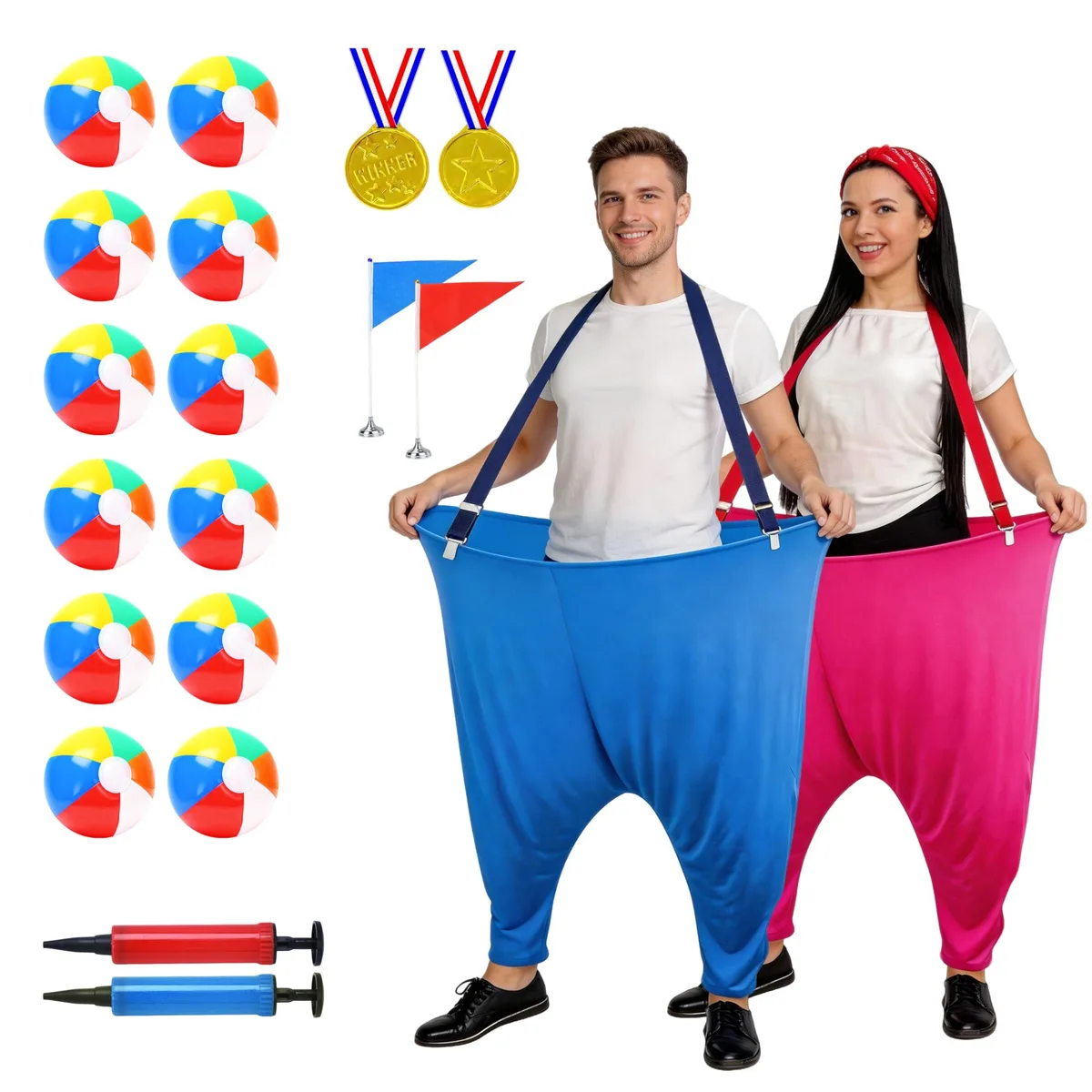 Granny Pants Yard Game Party Set 12 Balls Pump Straps Flag Medals — product photo